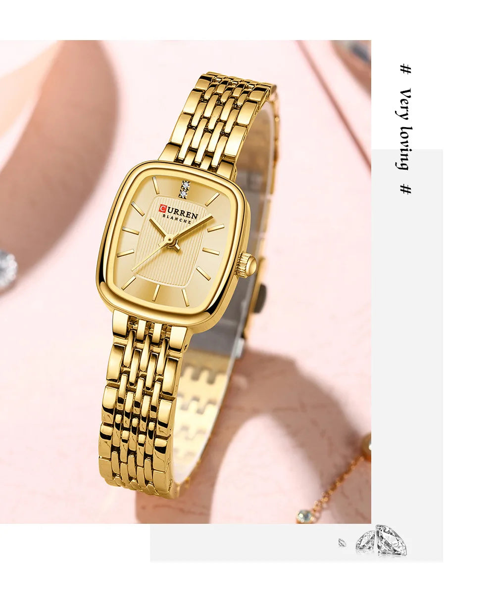 CURREN 9093 Fashion Quartz Women Watch Elegant Square Dial Gold Stainless Steel Strap Waterproof Leisure Ladies Business Watches