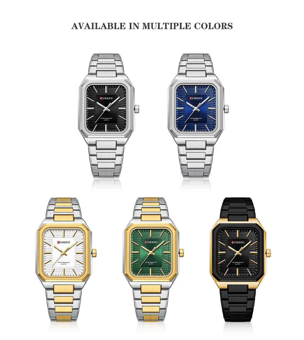 CURREN NEW Stainless Steel Strap Vintage Rectangle Dial Quartz Watches for Men Luminous Hands Waterproof