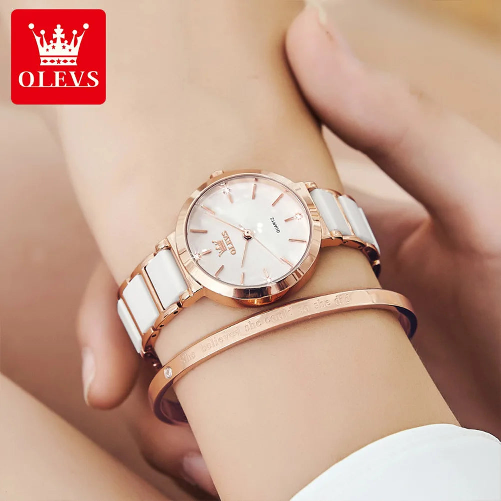 OLEVS Fashion Women Watches Relogio Feminino Luxury Rose Gold Watches Ladies Quartz Wrist Watch Ceramic Strap Clock Reloj Mujer