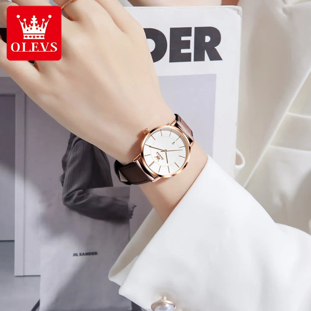 OLEVS 5869 Woman Watch Ultra Thin Waterproof Original Quartz Watch for Women Minimalist Elegant Leather Strap Ladies Wrist Watch