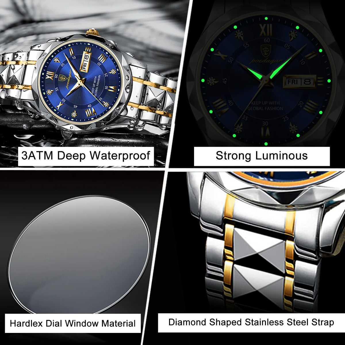POEDAGAR Luxury Business Men's Watches Waterproof Stainless Steel Luminous Man Wristwatch Date Week Quartz Sport Men Watch Reloj