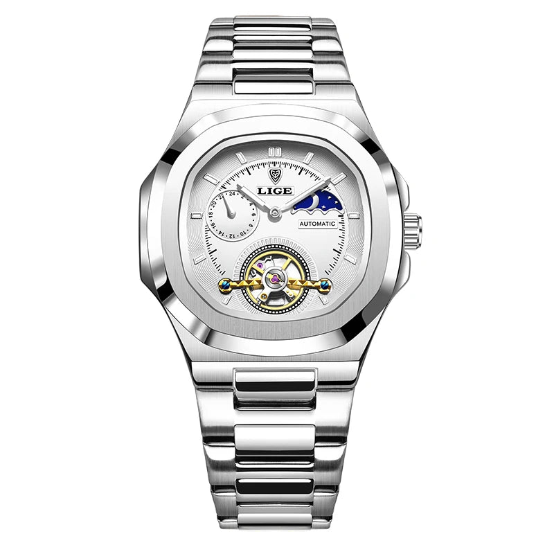 LIGE Mens Mechanical Watches Top Brand Luxury Square Automatic Watch For Men Waterproof Stainless Steel Clock Gift Montre Homme
