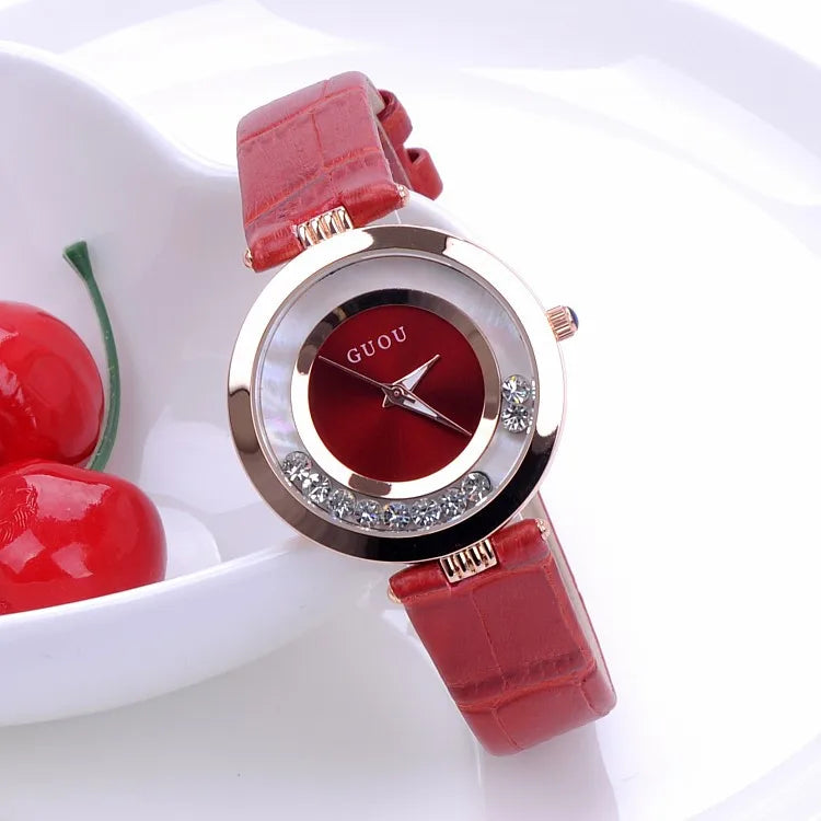 Fashion GUOU Brand Women Rolling Drill Dress Watches Luxury Quicksand Casual Clock Genuine Leather Rhinestone Lady Wrist Watches