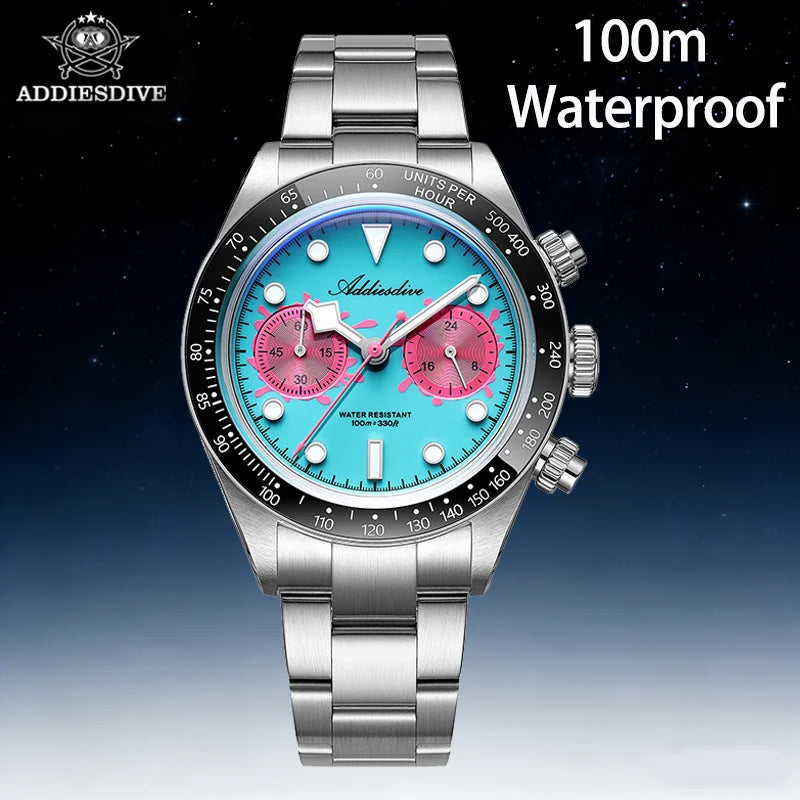 ADDIESDIVE Watches AD2520 Men VK64 Quartz Chronograph Watch Luminous Ceramic Bezel 40mm Bubble Glass 100m Waterproof Wristwatch