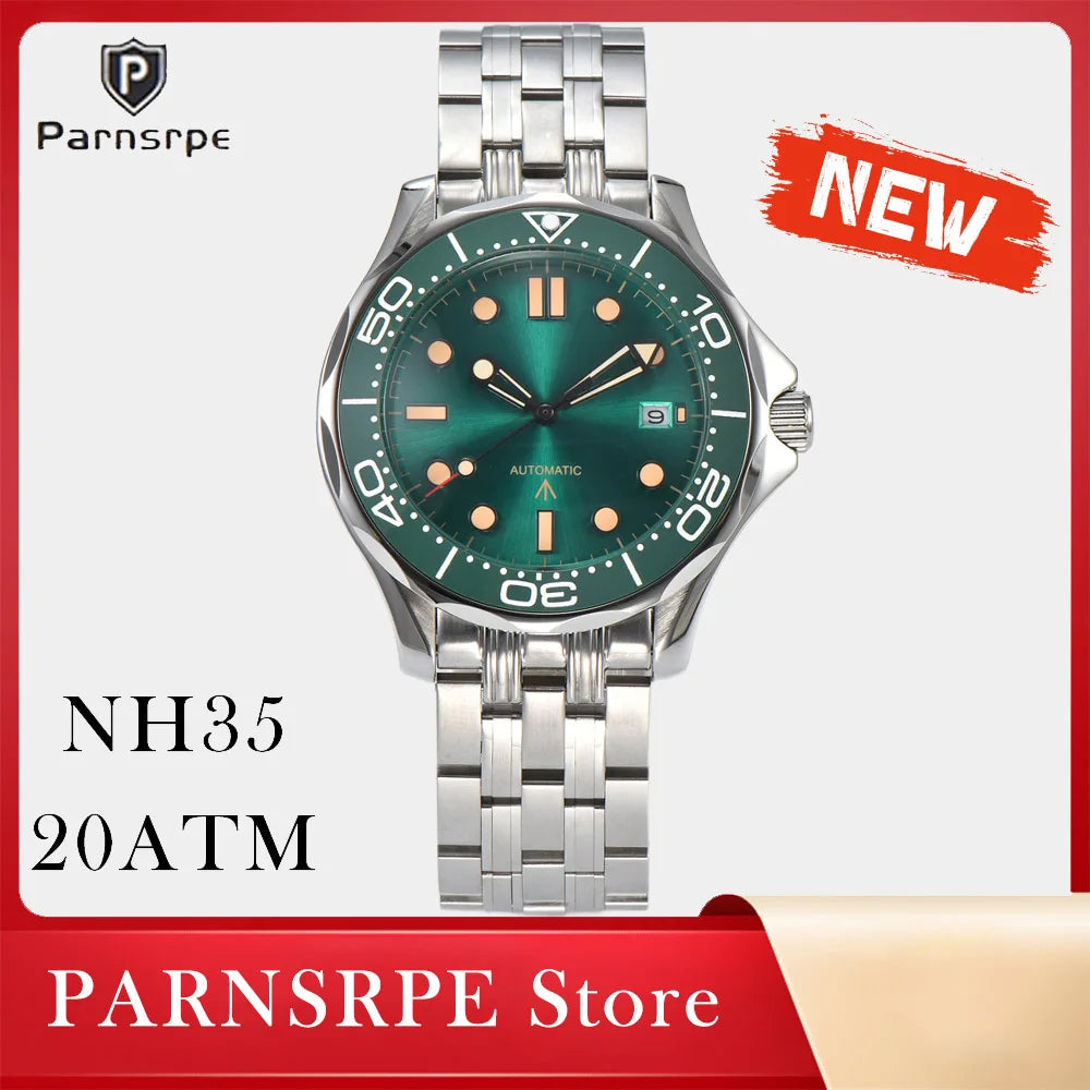 Parnsrpe 2026 New Miyota 8215 Automatic Dive Watch for Men Luxury Sport Green Dial Luminous Hardlex Date Waterproof Bus