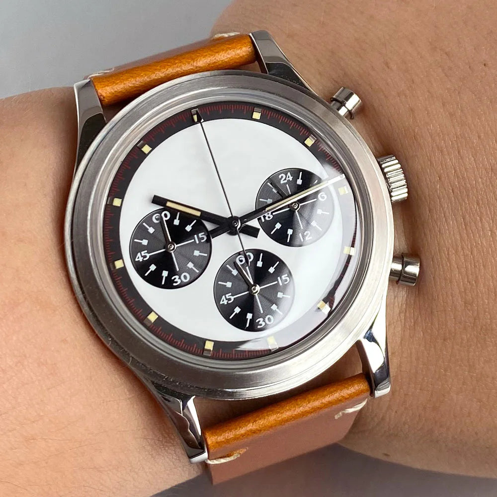 Luxury 38mm Tandorio Chronograph Quartz Men Watch VK63 Domed Glass Retro Business Clock Push Pull Crown