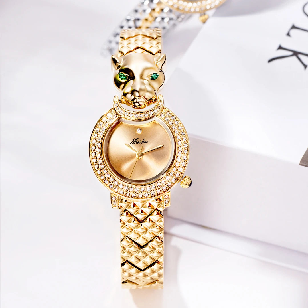 MISSFOX Leopard 3D Bling Diamond Quartz Women Watch Fashion Casual Ladies Watch Female Quartz Gold Watch Jewelry Women Clock