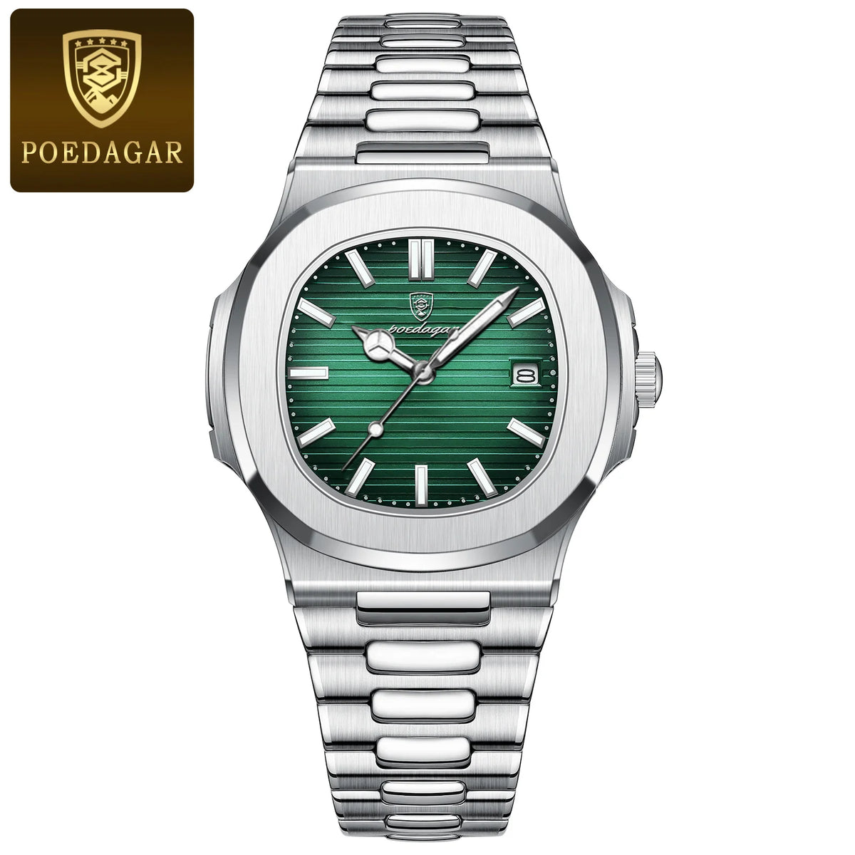 POEDAGAR Luxury Man Wristwatch Business Stainless Steel Quartz Men Watch Waterproof Luminous Date Square Men's Watches Clock+Box