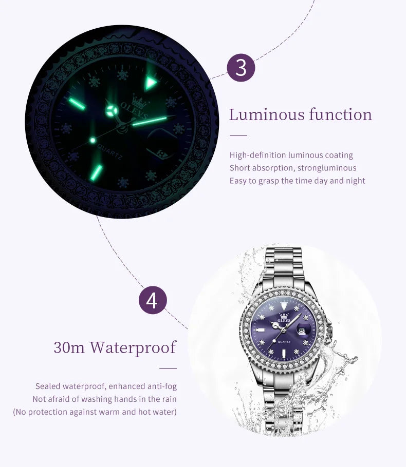 OLEVS 9945 Women's Watches Elegant Purple Full Diamond Dial Solid Stainless Steel Auto Date Waterproof Quartz Watch for Women
