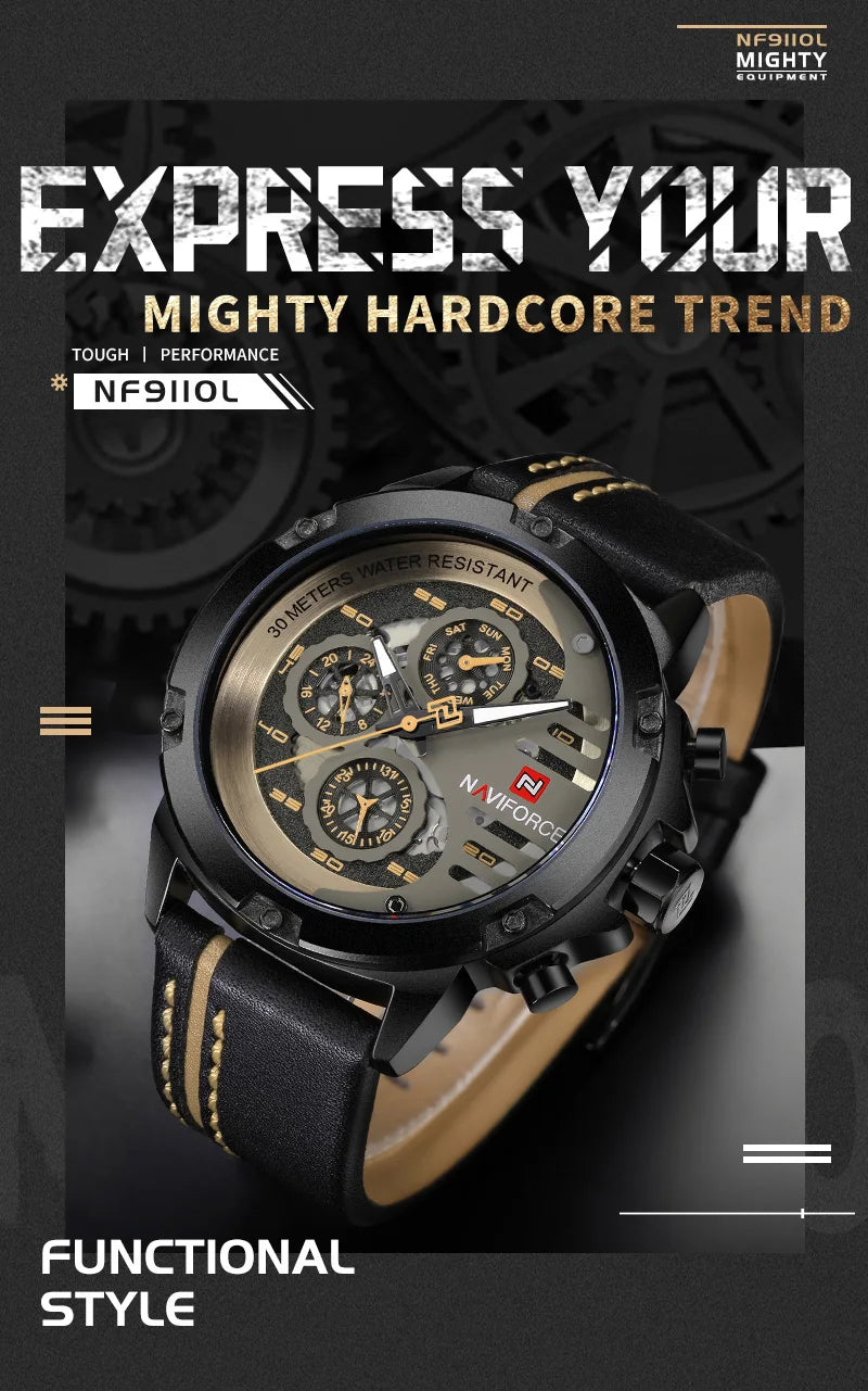 NAVIFORCE Men's Sports 24H Display Date Calendar Waterproof Watch Luminous Genuine Leather Strap Quartz Wristwatch Reloj Hombre