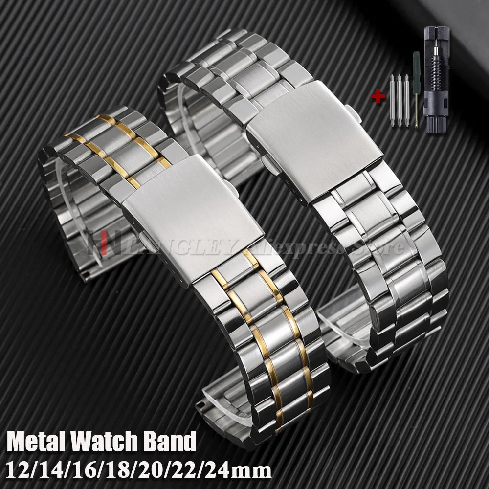 Stainless Steel Watchband 12mm 14mm 16mm 18mm 20mm 22mm 24mm Metal Watch Strap Lock Buckle Adjustable Wrist Bracelet Replacement