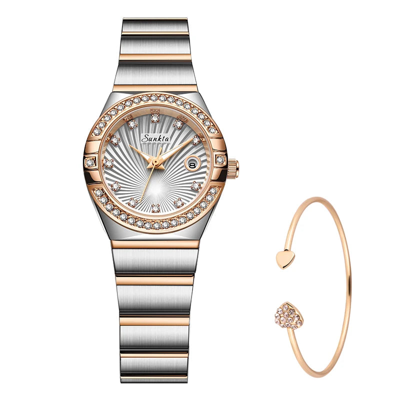 Sunkta Woman Watch LIGE Fashion Luxury Elegant Retro Diamond Simple Stainless Waterproof Casual Calendar Quartz Women's Watches