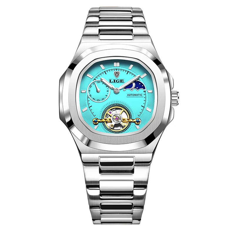 LIGE Mens Mechanical Watches Top Brand Luxury Square Automatic Watch For Men Waterproof Stainless Steel Clock Gift Montre Homme