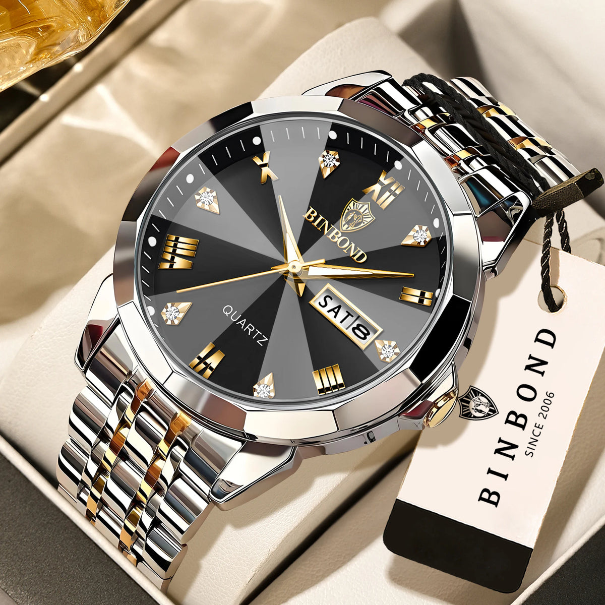 BINBOND Quartz Wristwatches For Men Luminous Waterproof Men's Watch Stainless Steel Original Reloj Para Hombre Todo +Box