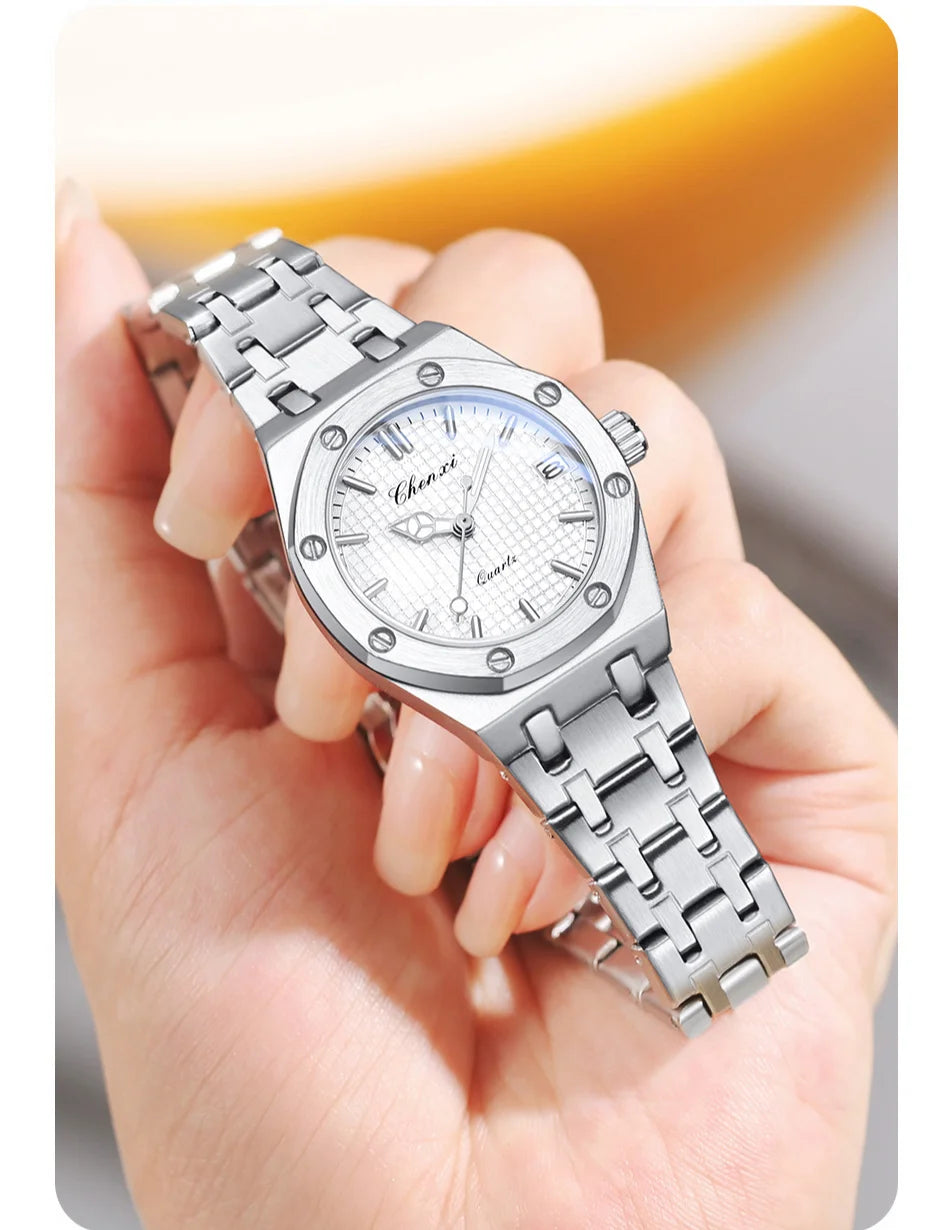 Luxury Women Watches Silver Steel Simple Casual Business Dress Watches for Women Top Brand Waterproof 3bar Calendar Gift Clock