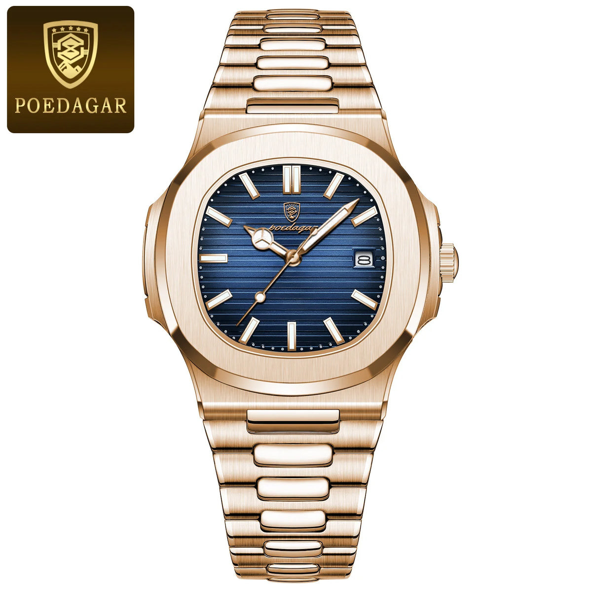 POEDAGAR Luxury Man Wristwatch Business Stainless Steel Quartz Men Watch Waterproof Luminous Date Square Men's Watches Clock+Box