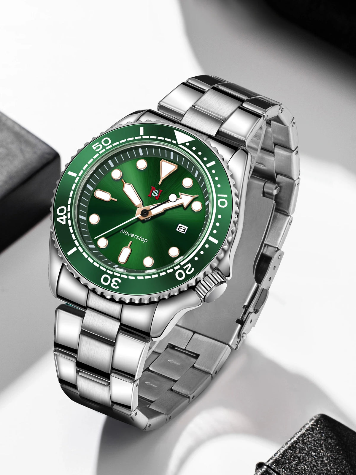 NS Mens Sports Watch | Multi-Color High-Contrast Dial and Markers Ceramic Bezel Stainless Steel Band Versatile Style