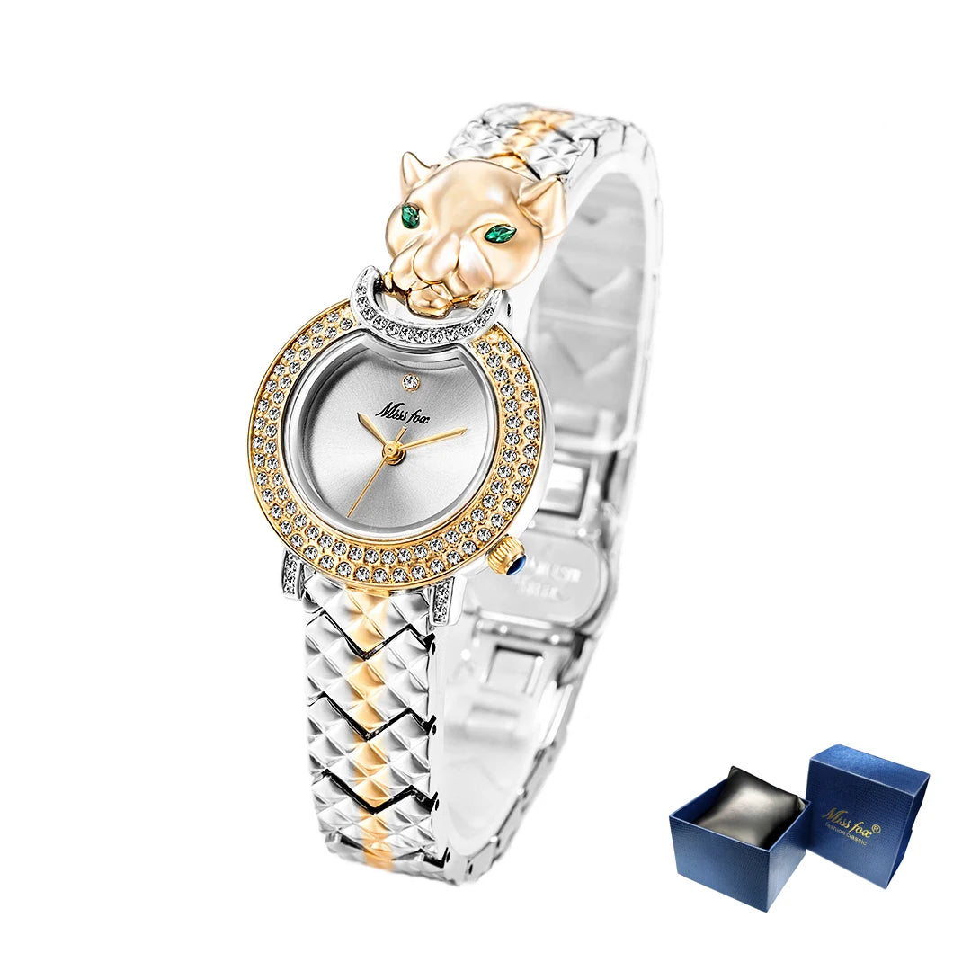 MISSFOX Leopard 3D Bling Diamond Quartz Women Watch Fashion Casual Ladies Watch Female Quartz Gold Watch Jewelry Women Clock