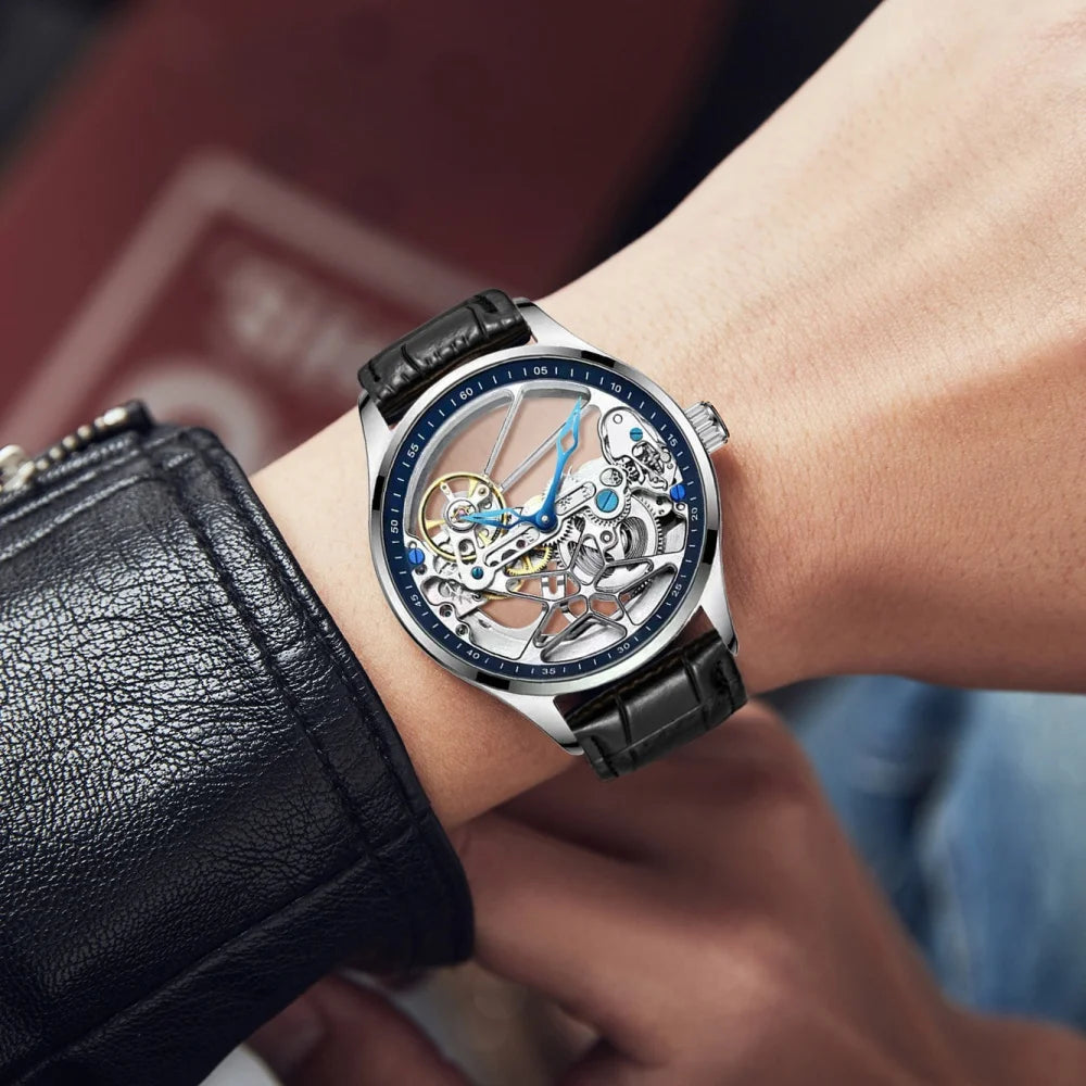 High-End Men's Mechanical Watch, Hollow Design, Round Dial, Fashionable Business Casual Waterproof Double-Sided Hollow Fully Automatic Mechanical Watch for Men, the First Choice for Valentine's Day Gifts