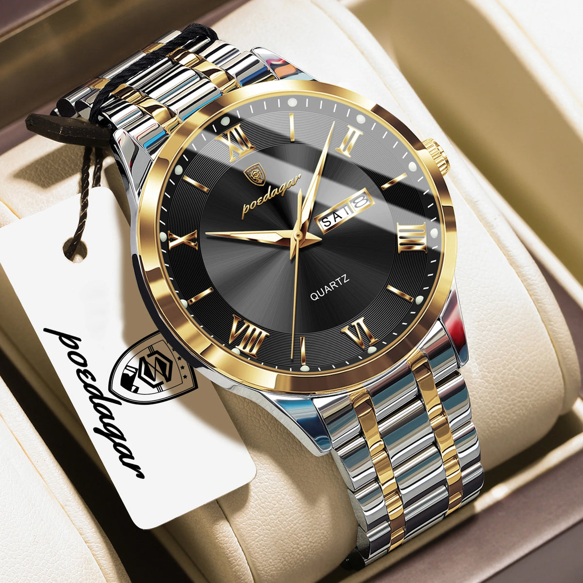 POEDAGAR Business Sports Man Wristwatch Waterproof Luminous Week Date Fashion Men's Clock Stainless Steel Quartz Watches For Men