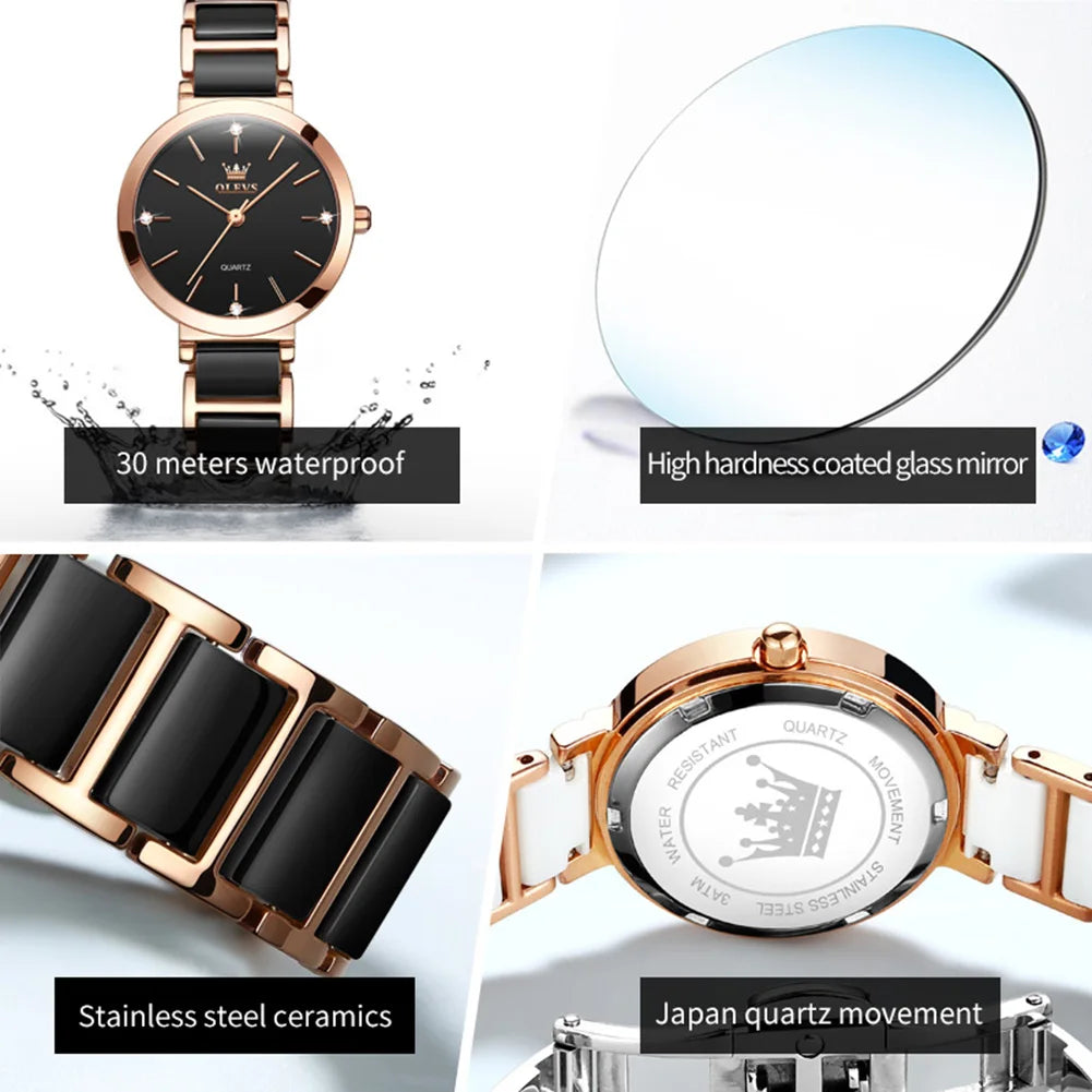 OLEVS Fashion Women Watches Relogio Feminino Luxury Rose Gold Watches Ladies Quartz Wrist Watch Ceramic Strap Clock Reloj Mujer