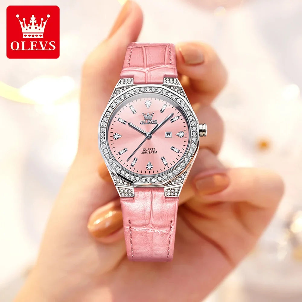 OLEVS Original Women's Watches Diamond Lap Fashion Leather Strap Waterproof Luminous Ladies Wristwatch Quartz Watch for Ladies'