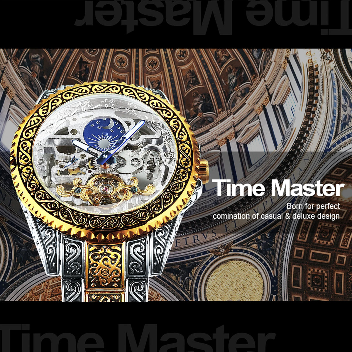 Forsining Luxury Gold Skeleton Mechanical Watches Moon Phase Retro Engraved Luminous Tourbillon Automatic Mens Watch Steel Strap