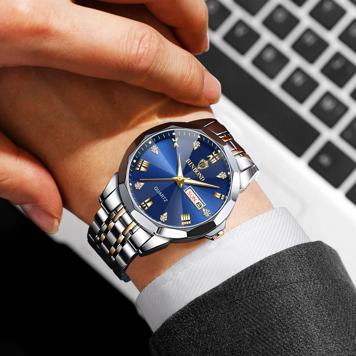 BINBOND Quartz Wristwatches For Men Luminous Waterproof Men's Watch Stainless Steel Original Reloj Para Hombre Todo +Box