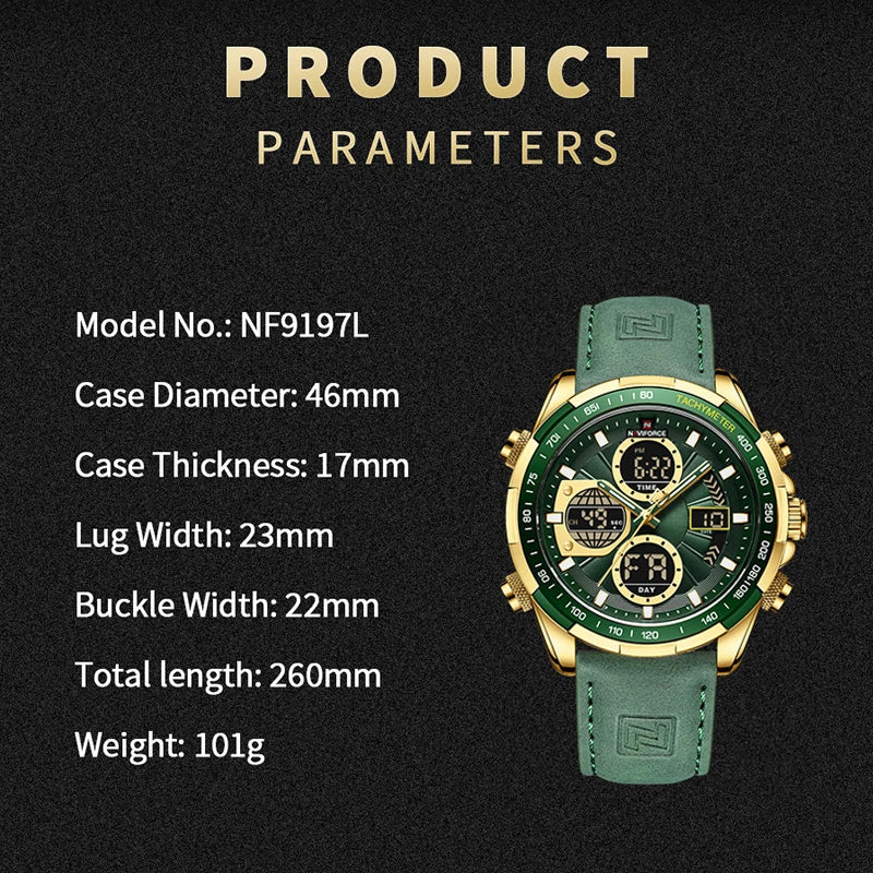 NAVIFORCE New Fashion Multifunctional Men Watches Top Brand Genuine Leather Waterproof Digital Analog Quartz Luminous Male Clock
