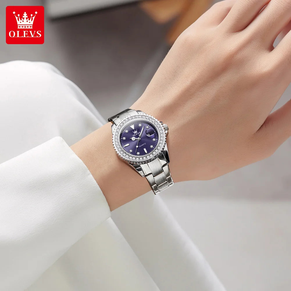 OLEVS 9945 Women's Watches Elegant Purple Full Diamond Dial Solid Stainless Steel Auto Date Waterproof Quartz Watch for Women