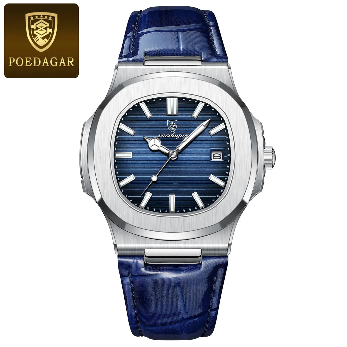 POEDAGAR Luxury Man Wristwatch Business Stainless Steel Quartz Men Watch Waterproof Luminous Date Square Men's Watches Clock+Box