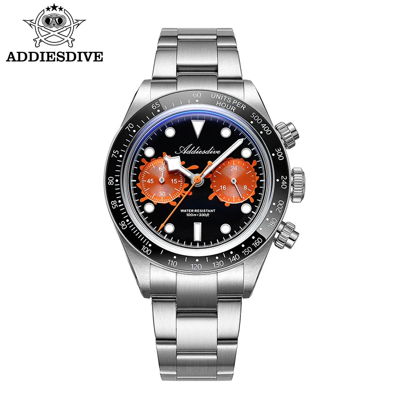 ADDIESDIVE Watches AD2520 Men VK64 Quartz Chronograph Watch Luminous Ceramic Bezel 40mm Bubble Glass 100m Waterproof Wristwatch