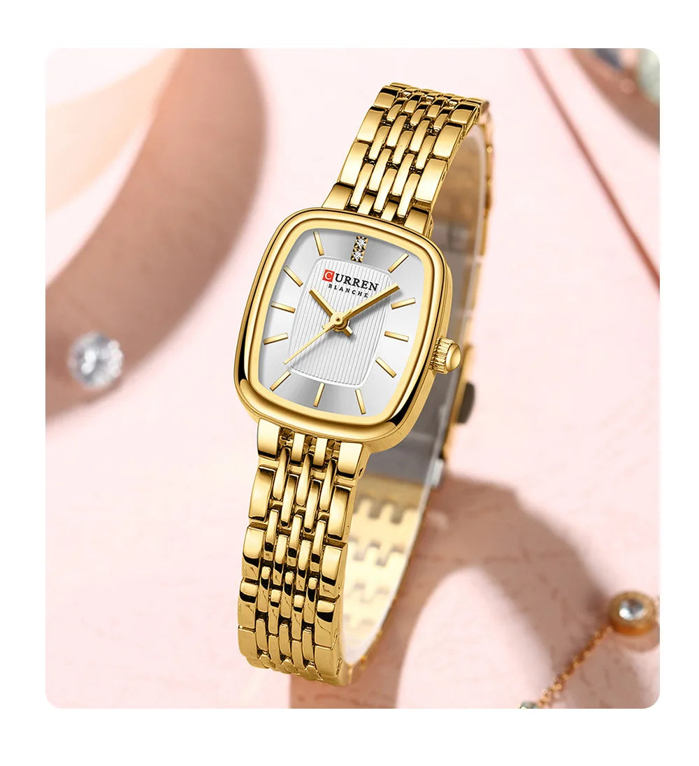 CURREN 9093 Fashion Quartz Women Watch Elegant Square Dial Gold Stainless Steel Strap Waterproof Leisure Ladies Business Watches