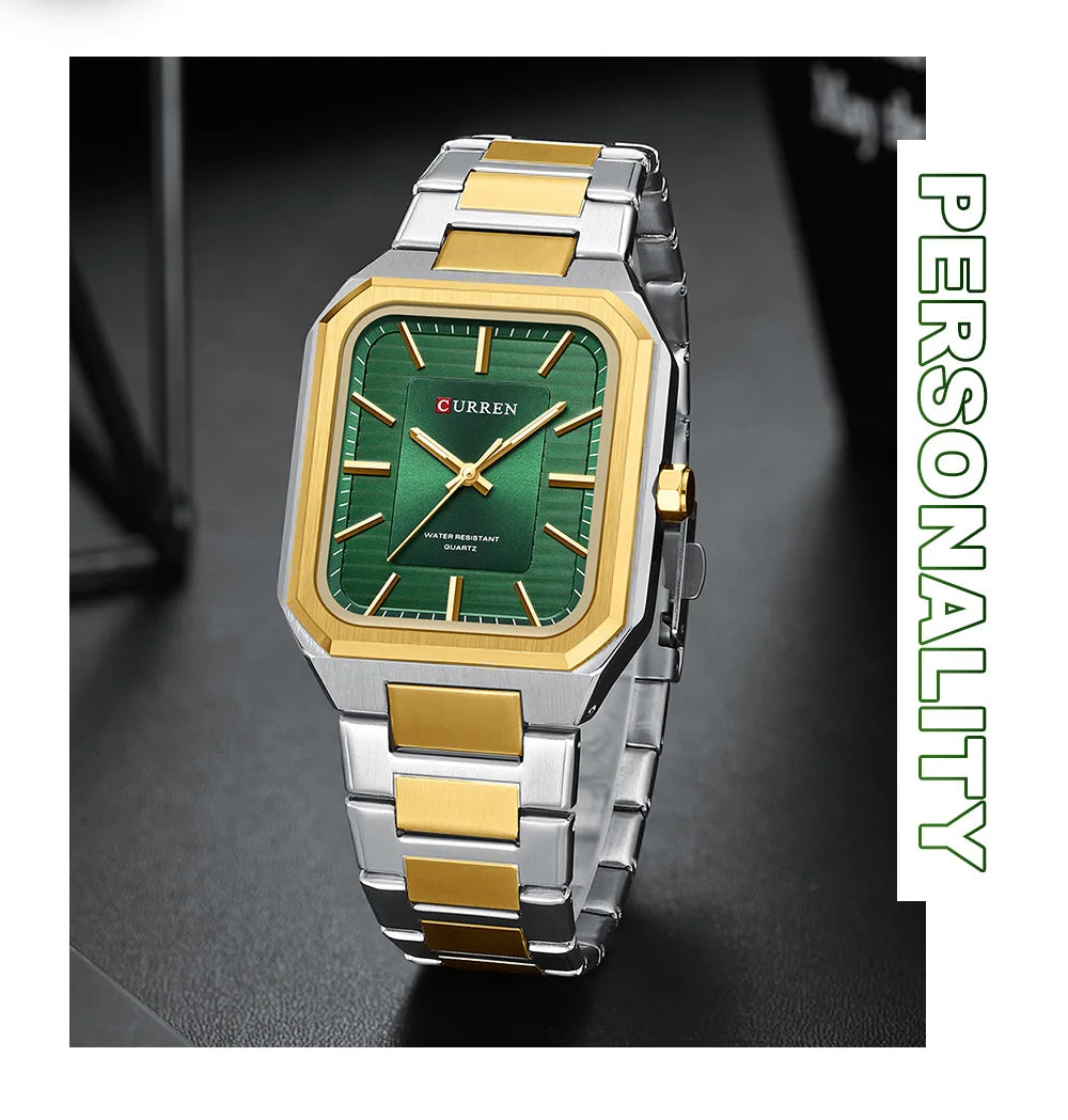 CURREN NEW Stainless Steel Strap Vintage Rectangle Dial Quartz Watches for Men Luminous Hands Waterproof