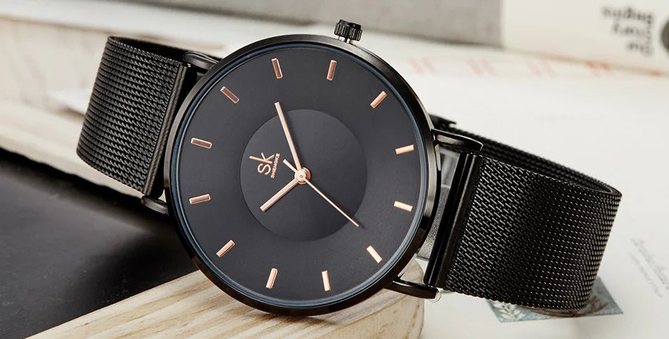 Shengke Fashion Black Watch For Women Classic Relogio Feminino Ultra Thin Quartz Watch Woman Adjustable Mesh Strap Montre Femme