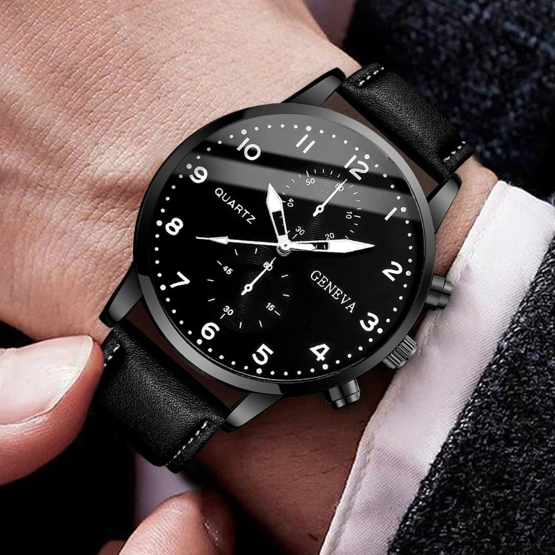 5PCS/Set Men's Watch Fashion Arabic Dial Analog Quartz Watches Vintage Leather Bracelets Set（Without Box）