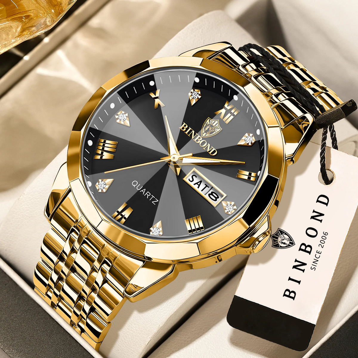 BINBOND Quartz Wristwatches For Men Luminous Waterproof Men's Watch Stainless Steel Original Reloj Para Hombre Todo +Box