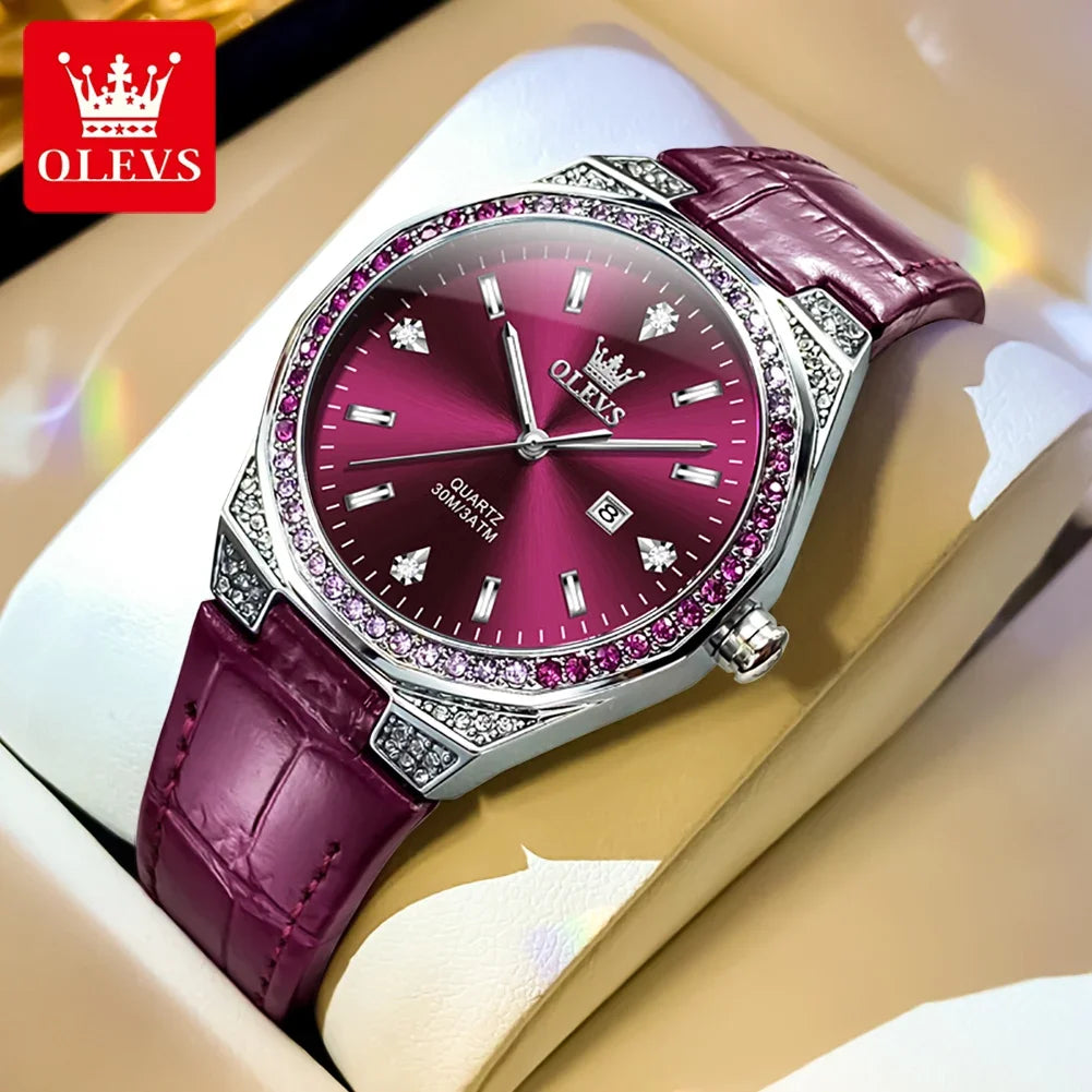 OLEVS Original Women's Watches Diamond Lap Fashion Leather Strap Waterproof Luminous Ladies Wristwatch Quartz Watch for Ladies'