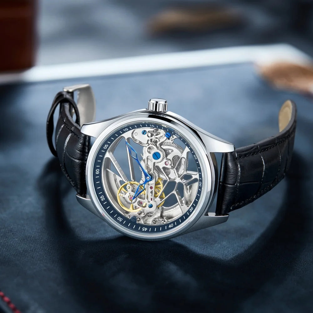 High-End Men's Mechanical Watch, Hollow Design, Round Dial, Fashionable Business Casual Waterproof Double-Sided Hollow Fully Automatic Mechanical Watch for Men, the First Choice for Valentine's Day Gifts