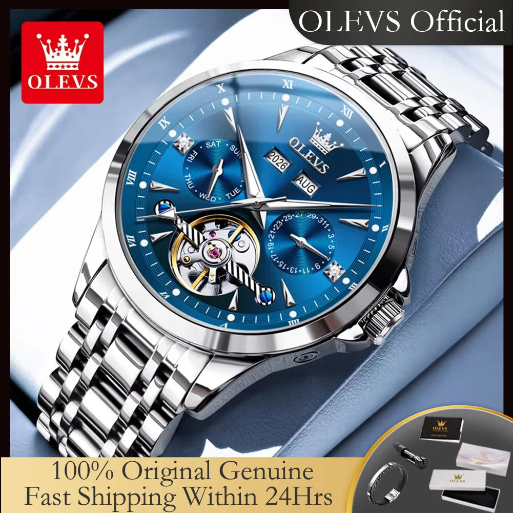 OLEVS 7091 Automatic Men's Watches Skeleton Flywheel Dual Calendar Stainless Steel Waterproof Luminous Mechanical Watch For Man