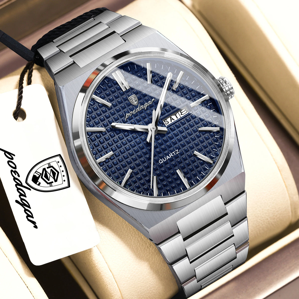 POEDAGAR Youth Fashion Men Clock Luminous Waterproof Stainless Steel Men's Watch Date Week Business Quartz Watches For Man Reloj