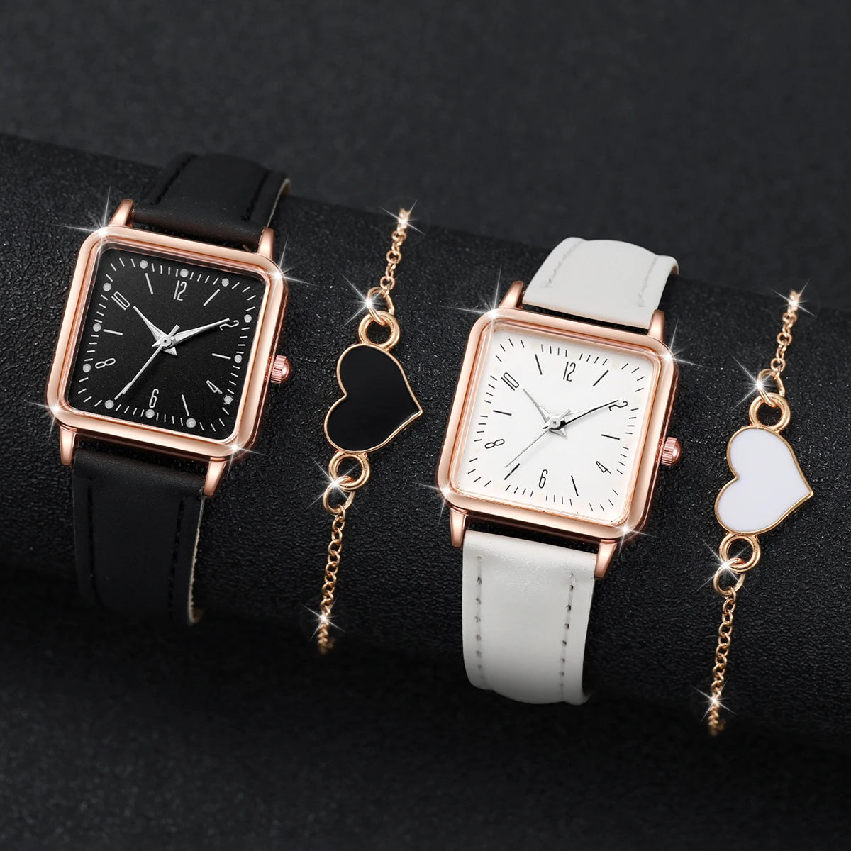2/4PCS Fashion Square Women's Watch Leather Band Quartz Watches Heart Bracelet Set（Without Box）