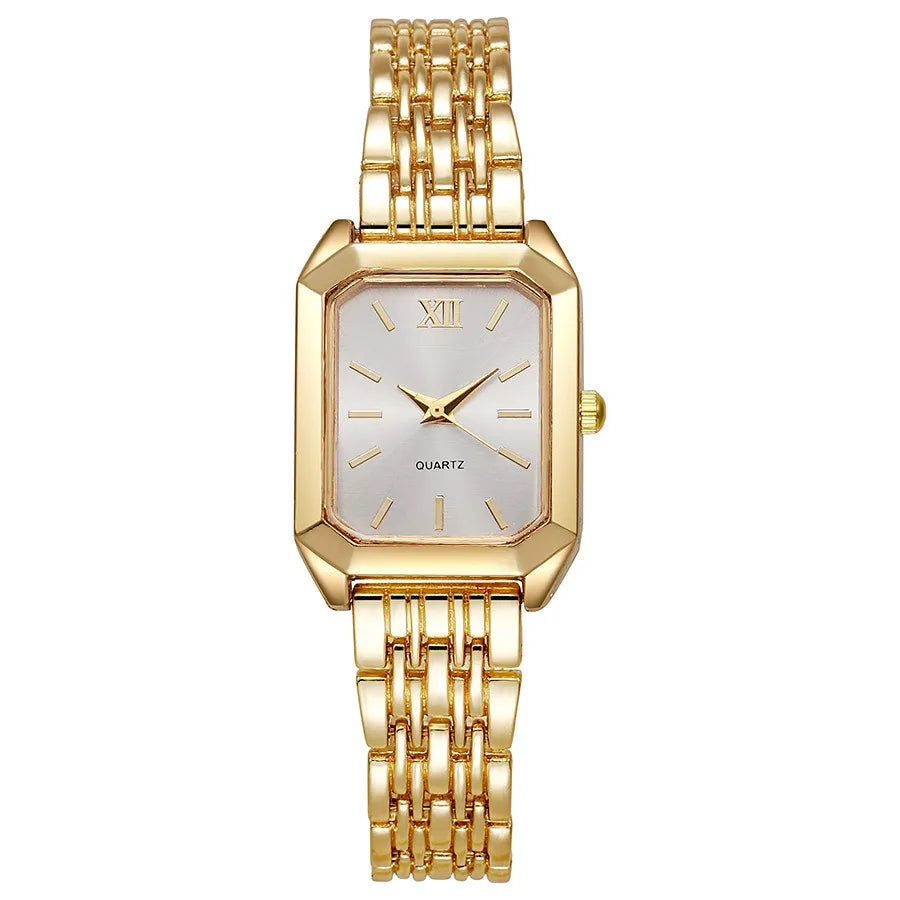 Luxury Women's Quartz Watch Set Fashion Alloy Band Business Ladies Watches Square Quality Gold Plated Folding Female Clock