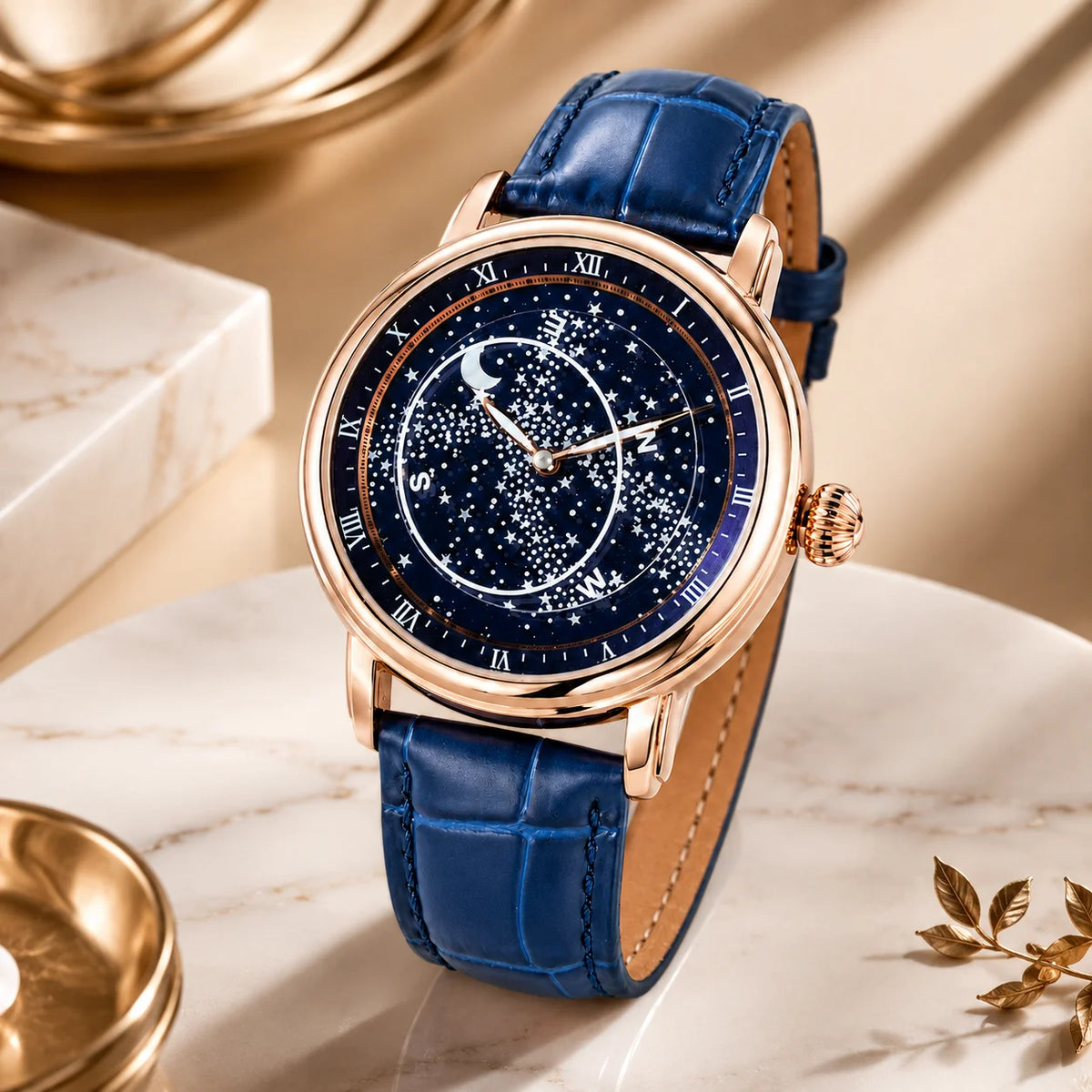 OBLVLO Men's Starry Sky Automatic Mechanical Watch Classic Leather Strap 316 Stainless Steel Simple Fashion Watch WT003