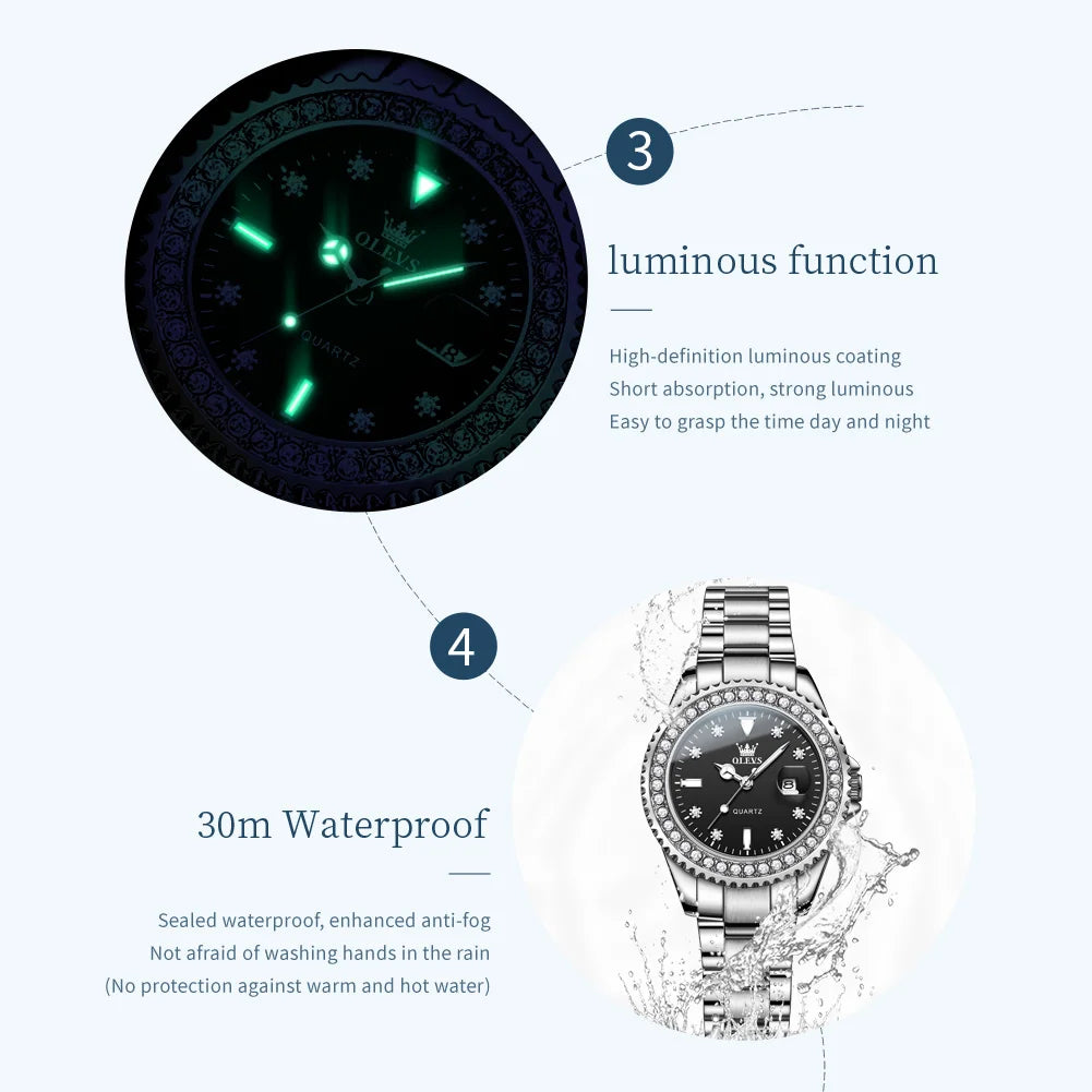 OLEVS 9945 Women's Watches Elegant Purple Full Diamond Dial Solid Stainless Steel Auto Date Waterproof Quartz Watch for Women