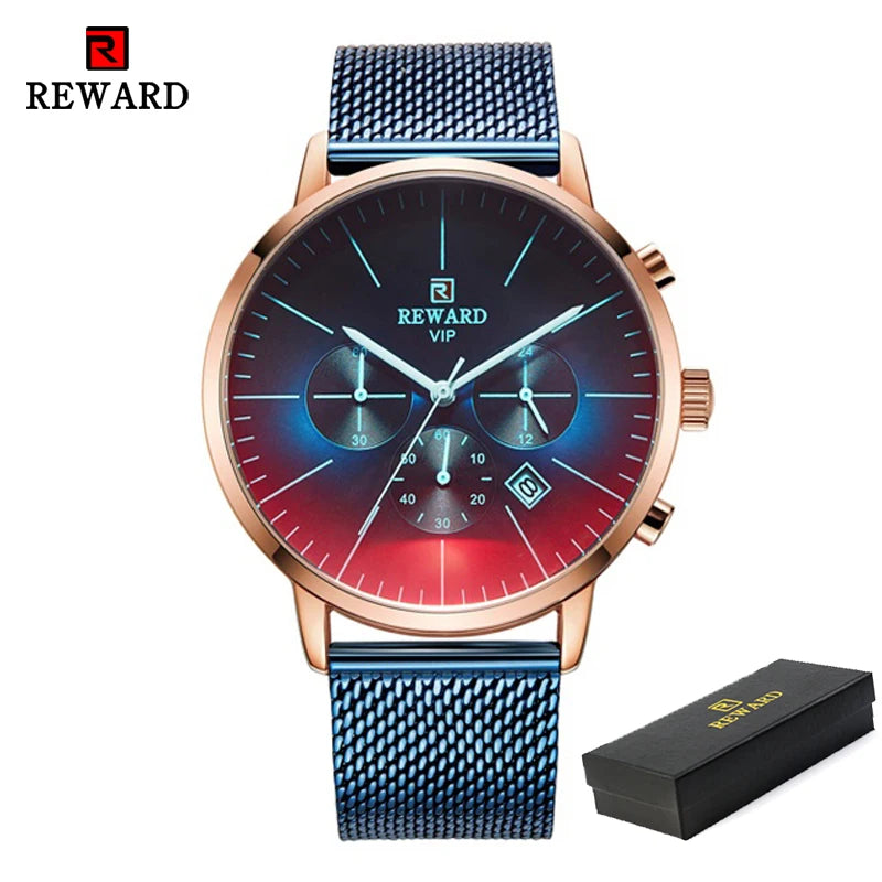 REWARD Men’s Watches Top Brand Sport Watch Luxury Men Stainless Steel Mesh Quartz Wrist Watches Chronograph Design Male Clock