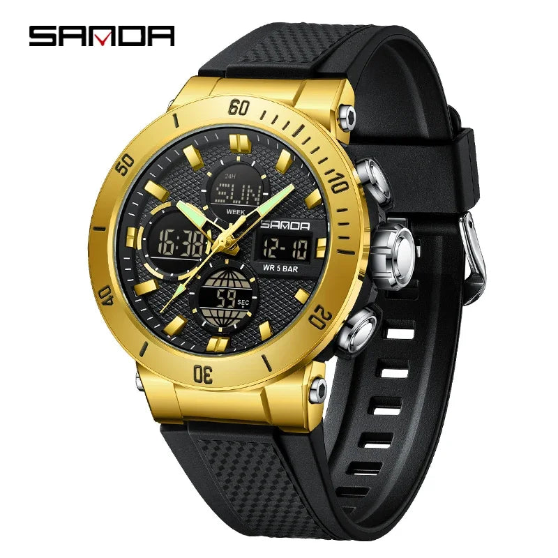 SANDA Chic Sport Men's Watch Orange Silicone Strap Luxury Waterproof Chronograph Quartz Wristwatches Digital Date and Week Clock