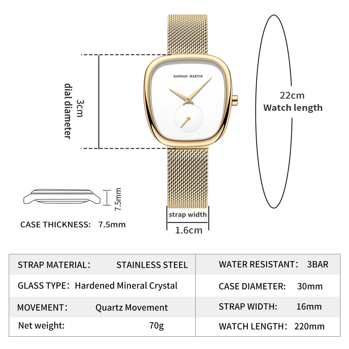 HANNAH MARTIN Brand Original Luxury Women Watch Rose Gold Fashion Stainless Steel Quartz Movement Waterproof Women Dress Watches