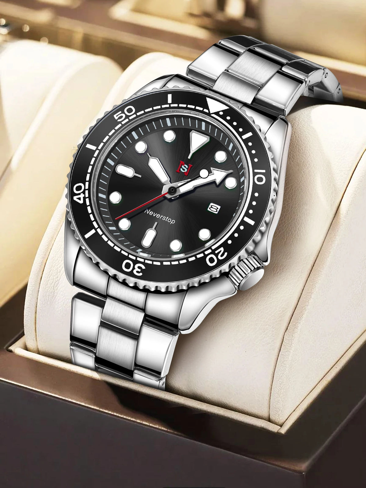 NS Mens Sports Watch | Multi-Color High-Contrast Dial and Markers Ceramic Bezel Stainless Steel Band Versatile Style