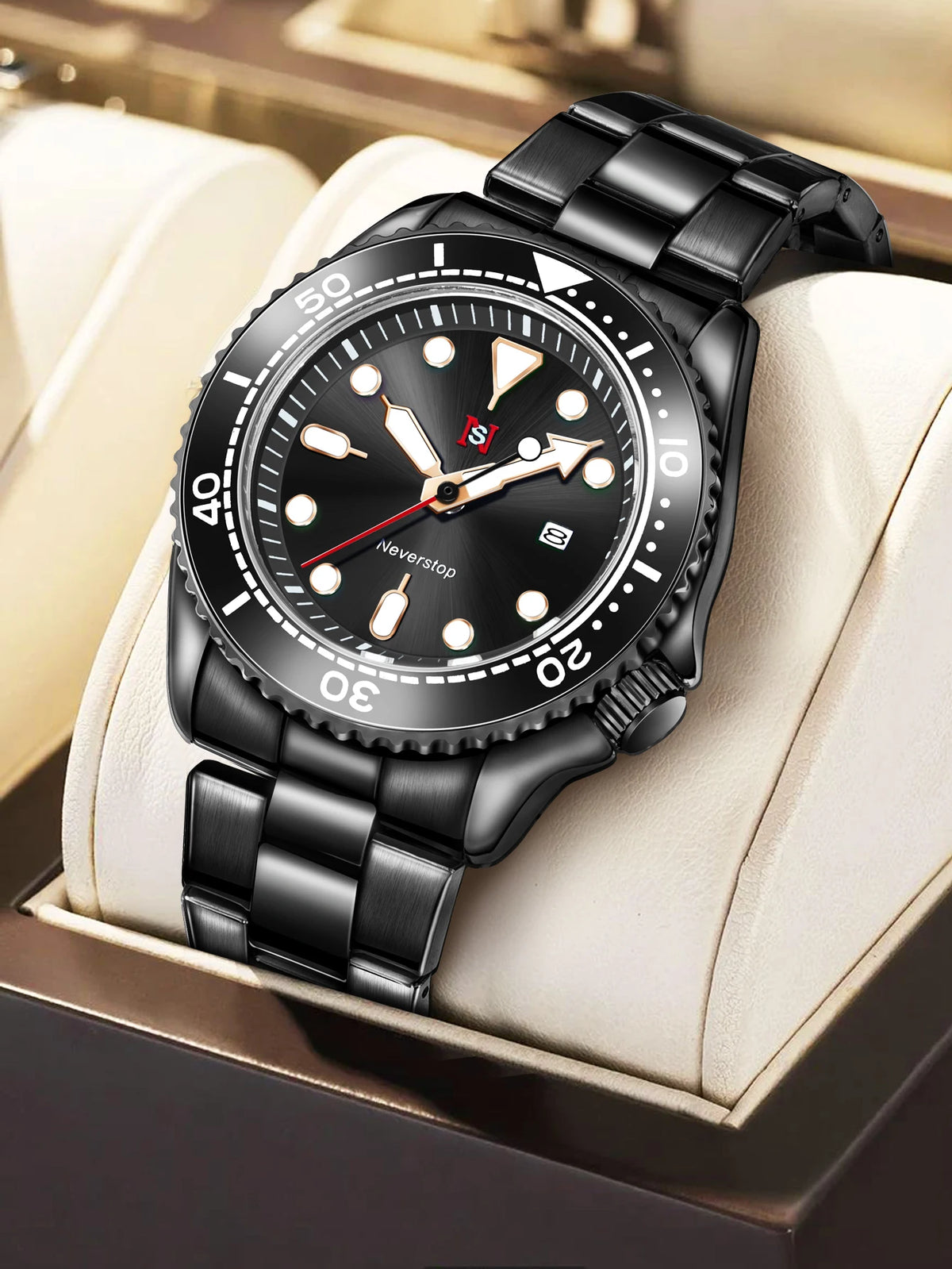 NS Mens Sports Watch | Multi-Color High-Contrast Dial and Markers Ceramic Bezel Stainless Steel Band Versatile Style
